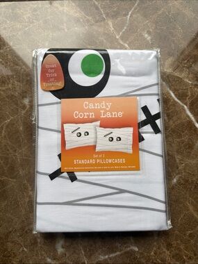 Candy Corn Lane Halloween Pillowcases - White with Black & Green Accent